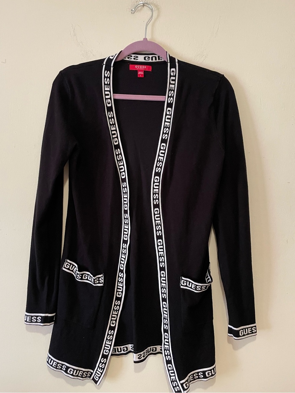 GUESS Black Vintage 80s Long Cardigan Sweater with White Logo Trim. Size L.